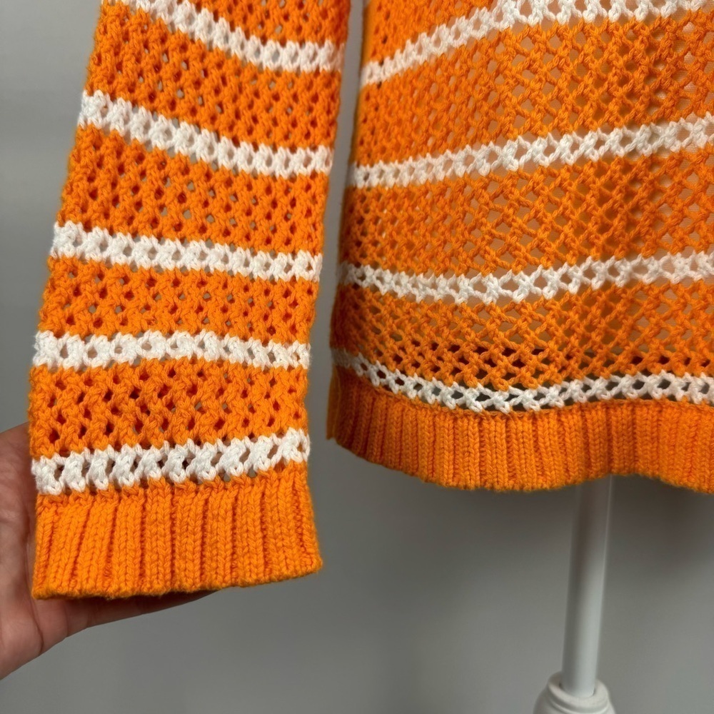 Talbots Open Knit Crochet Tunic Sweater Orange Stripes Cotton Med Pet Beach - Picture 7 of 10